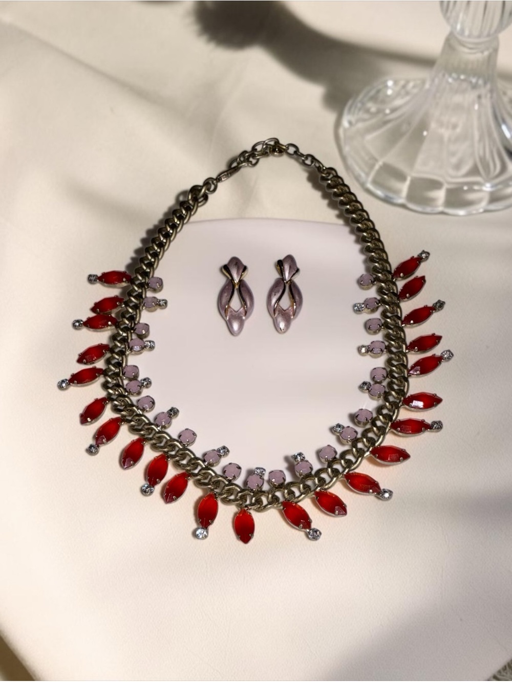 Loft Red Marquise Statement Necklace & Vintage 80s Lilac Pierced Earrings